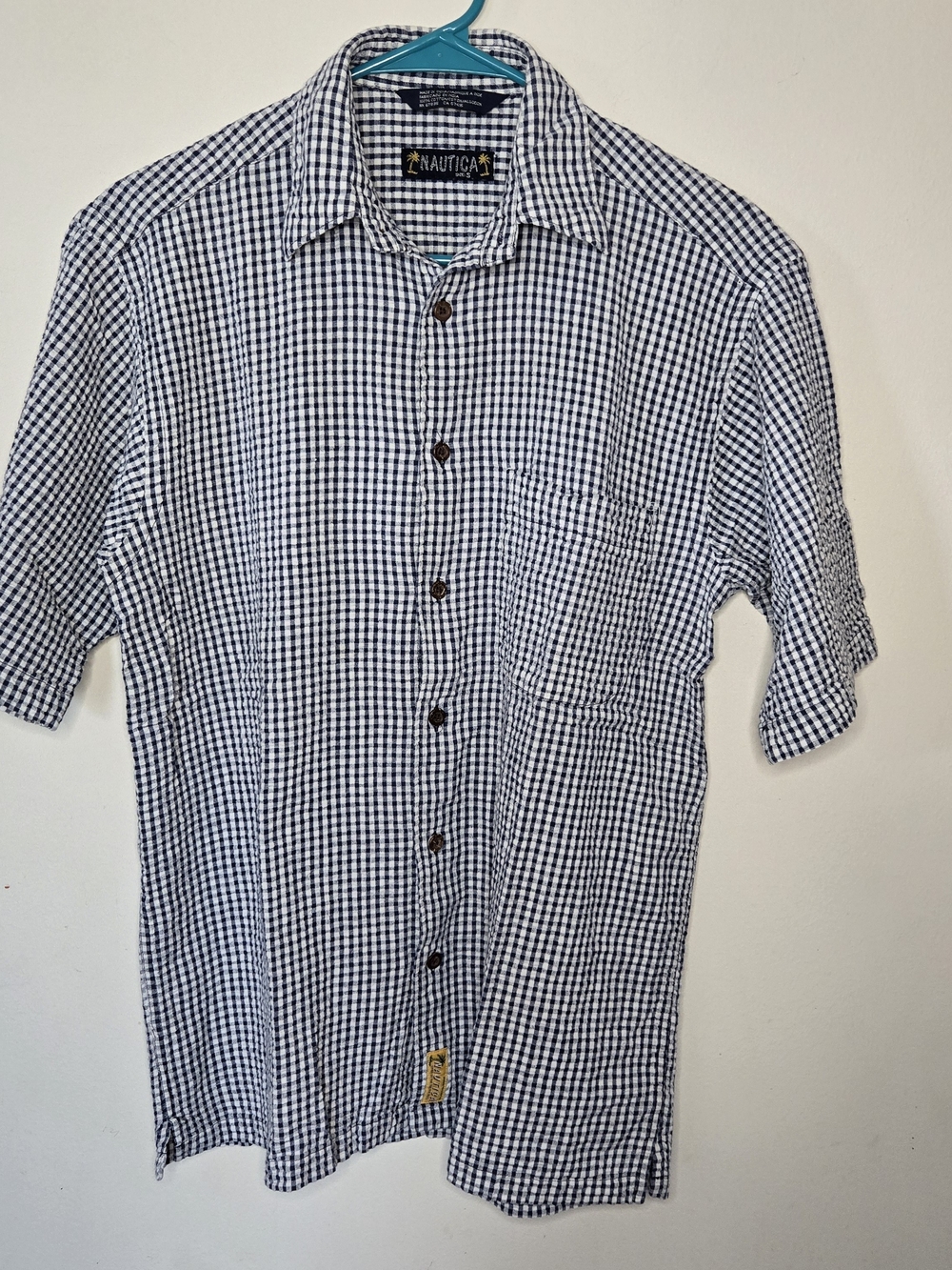 Gingham Searsucker Nautica 100% Cotton Men's Blue & White  Size Small  Shirt